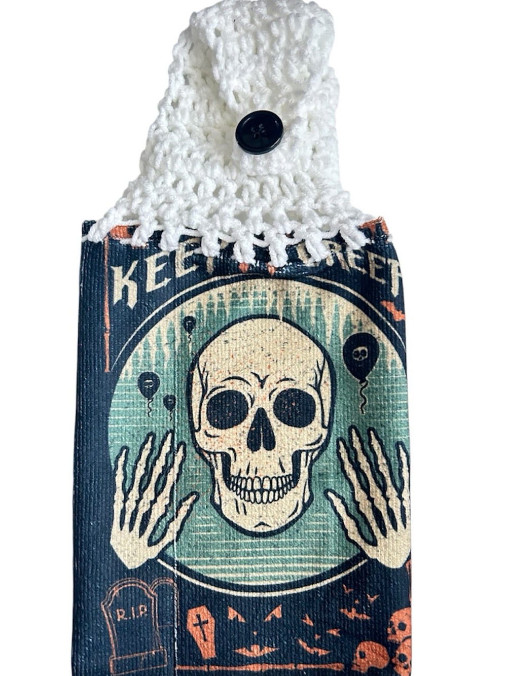 Handcrafted Halloween Black and Green Skeleton Hanging Kitchen Hand Towel - Picture 4 of 9